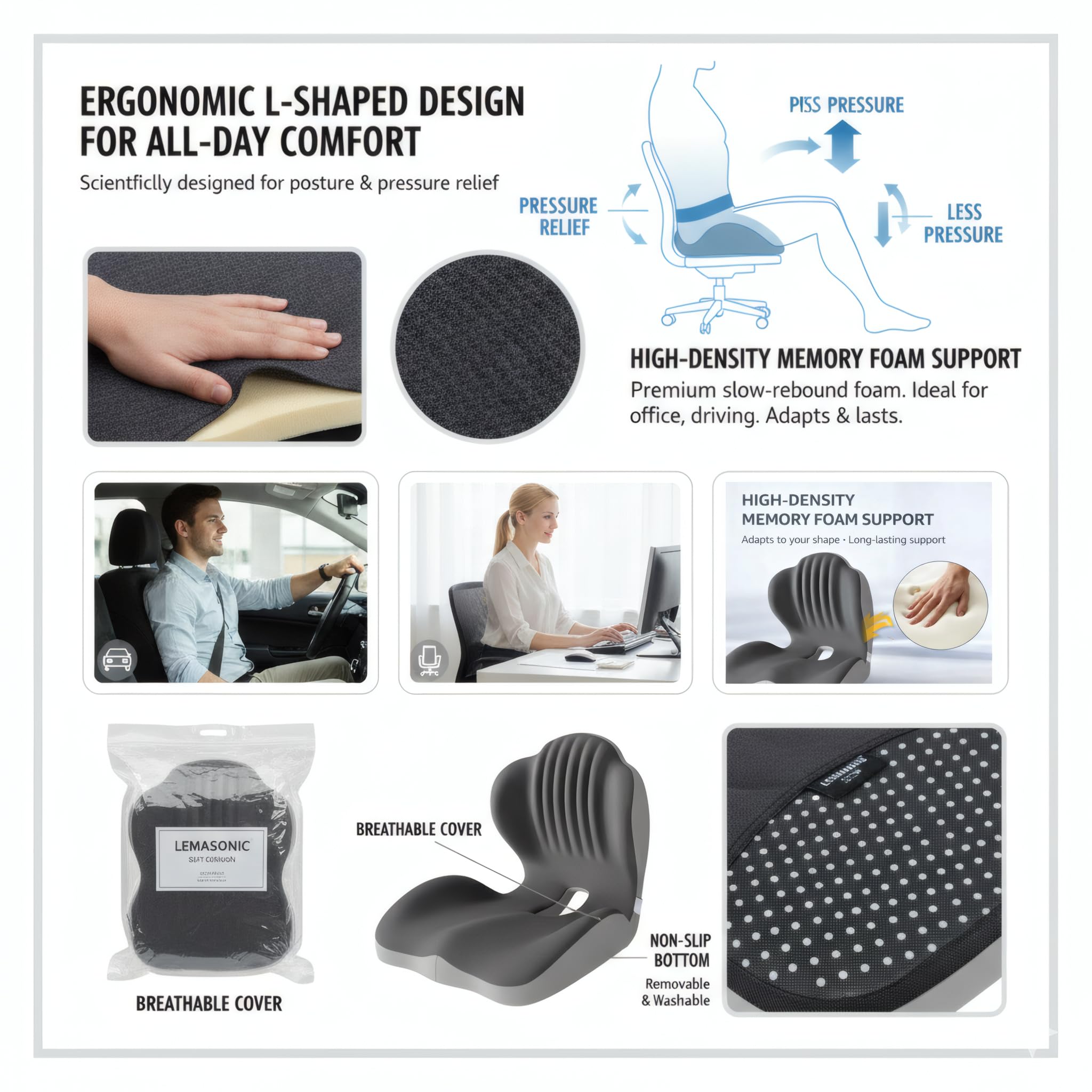 SOWAXGO lifestyle image with cushion in car and office boosting comfort during long sits