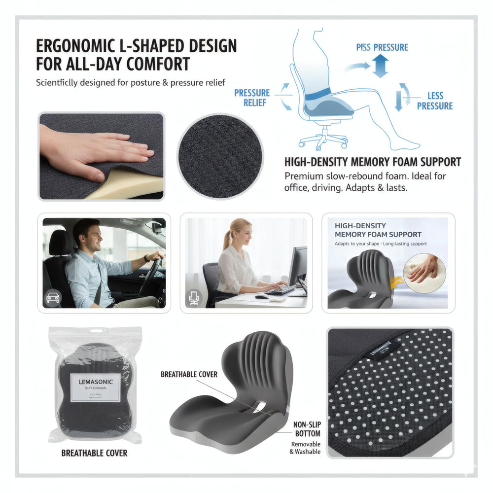 SOWAXGO lifestyle image with cushion in car and office boosting comfort during long sits