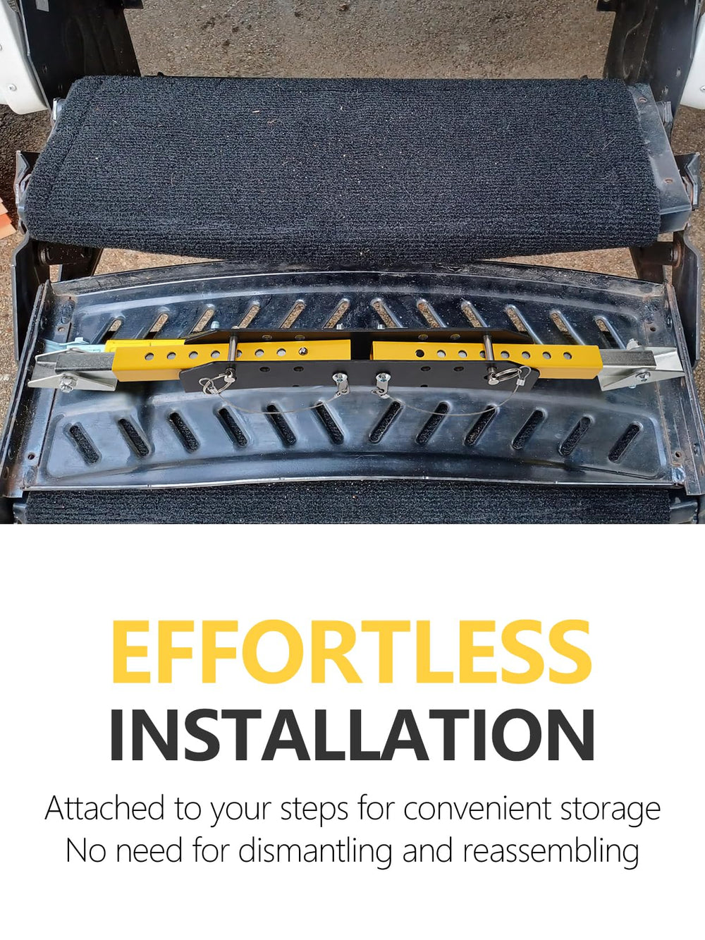 SPARKWHIZ folded storage attached to step for compact storage and no seasonal removal