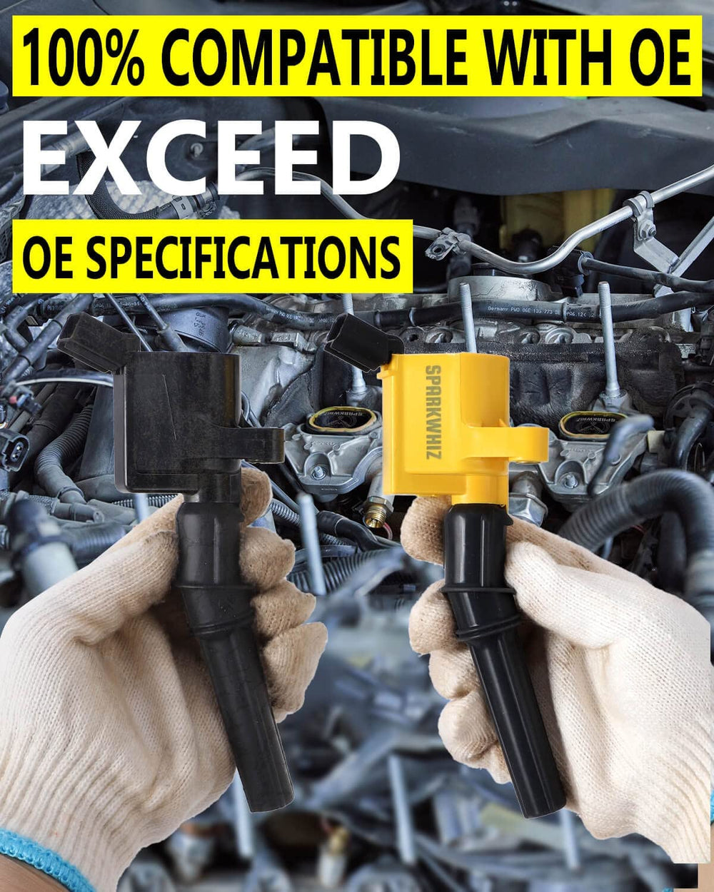 SPARKWHIZ ignition coil installed on engine cylinder bank demonstrating correct fitment and reliability