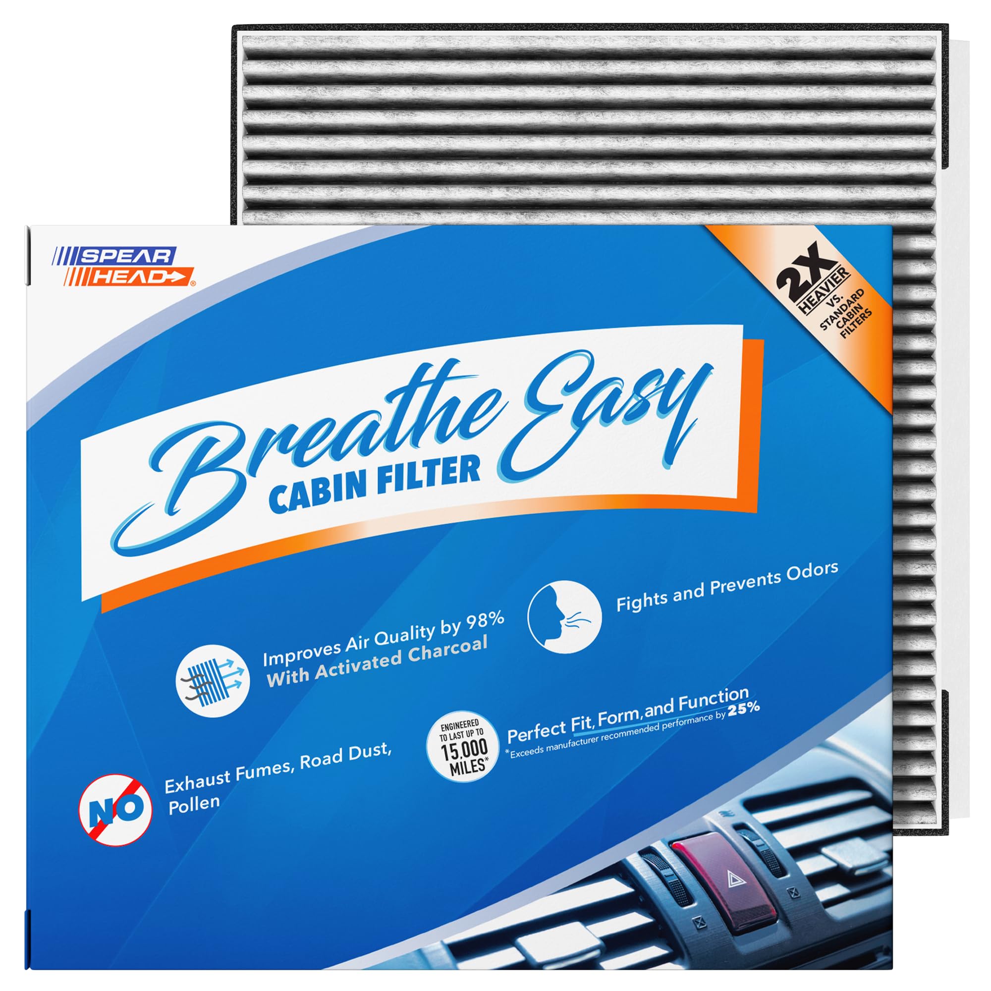 SPEARHEAD BE-735 front view showing filter and packaging, highlights easy replacement benefit