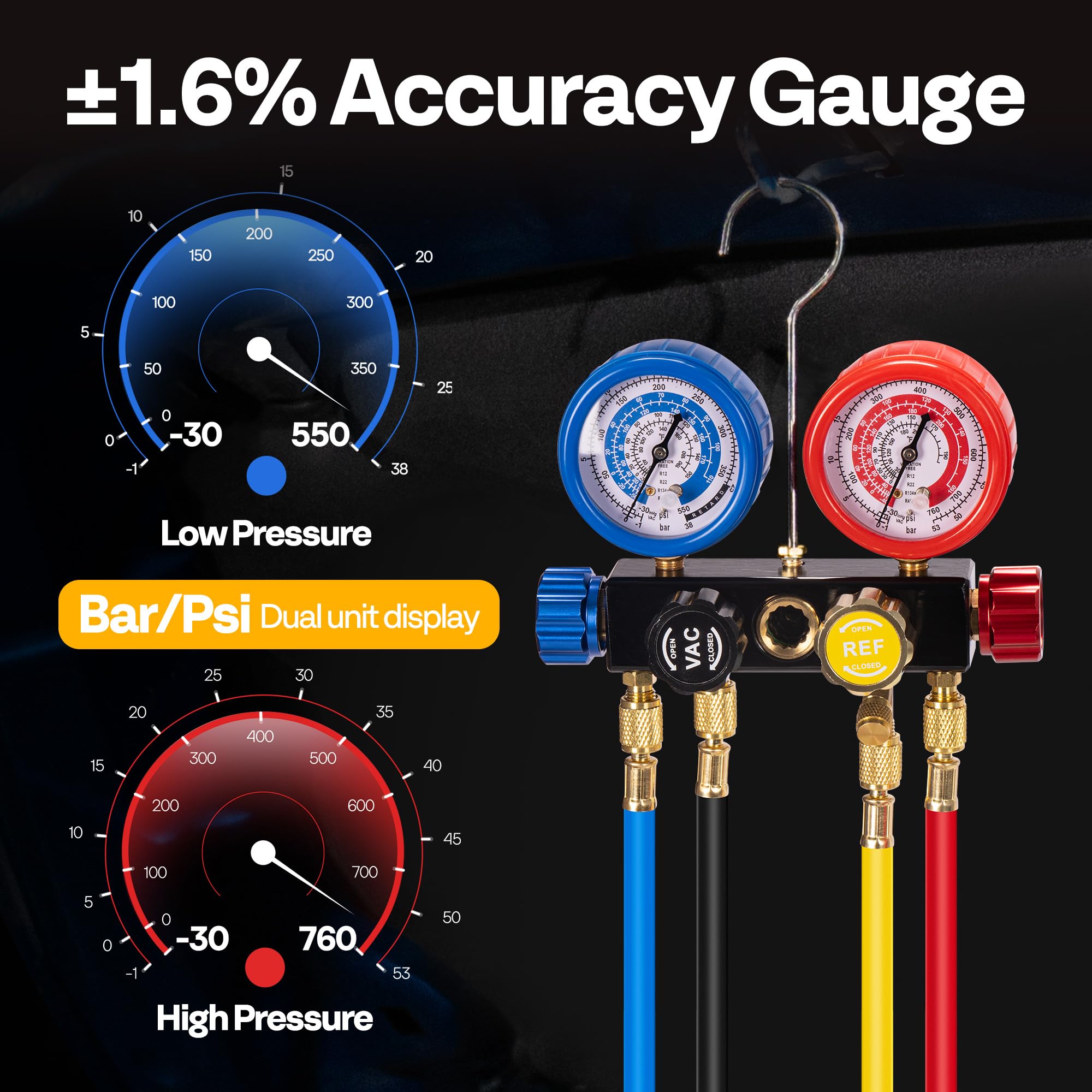 SPECSTAR gauge connected to vehicle A/C demonstrating system evacuation and charging