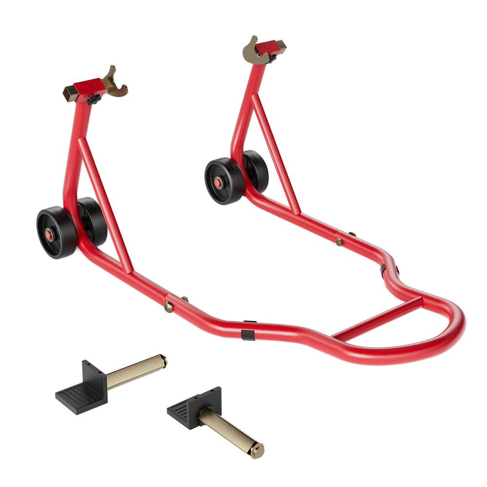 SPECSTAR front view of red rear motorcycle stand showing stable frame benefit
