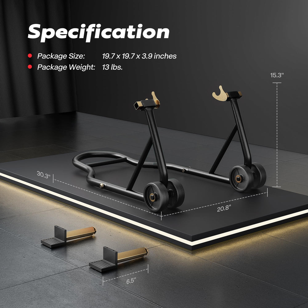 SPECSTAR stand holding a sport bike in a garage showing convenient maintenance access