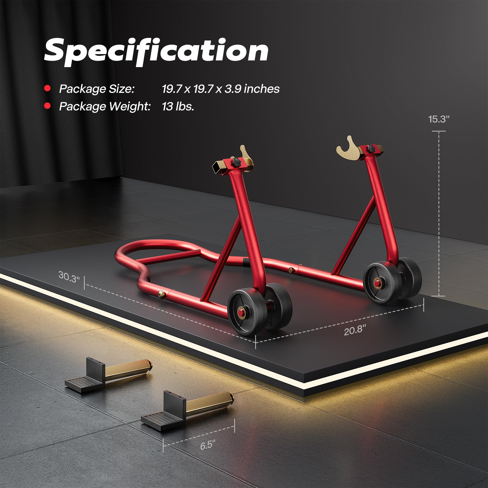 SPECSTAR compact folded stand in garage showing space-saving benefit