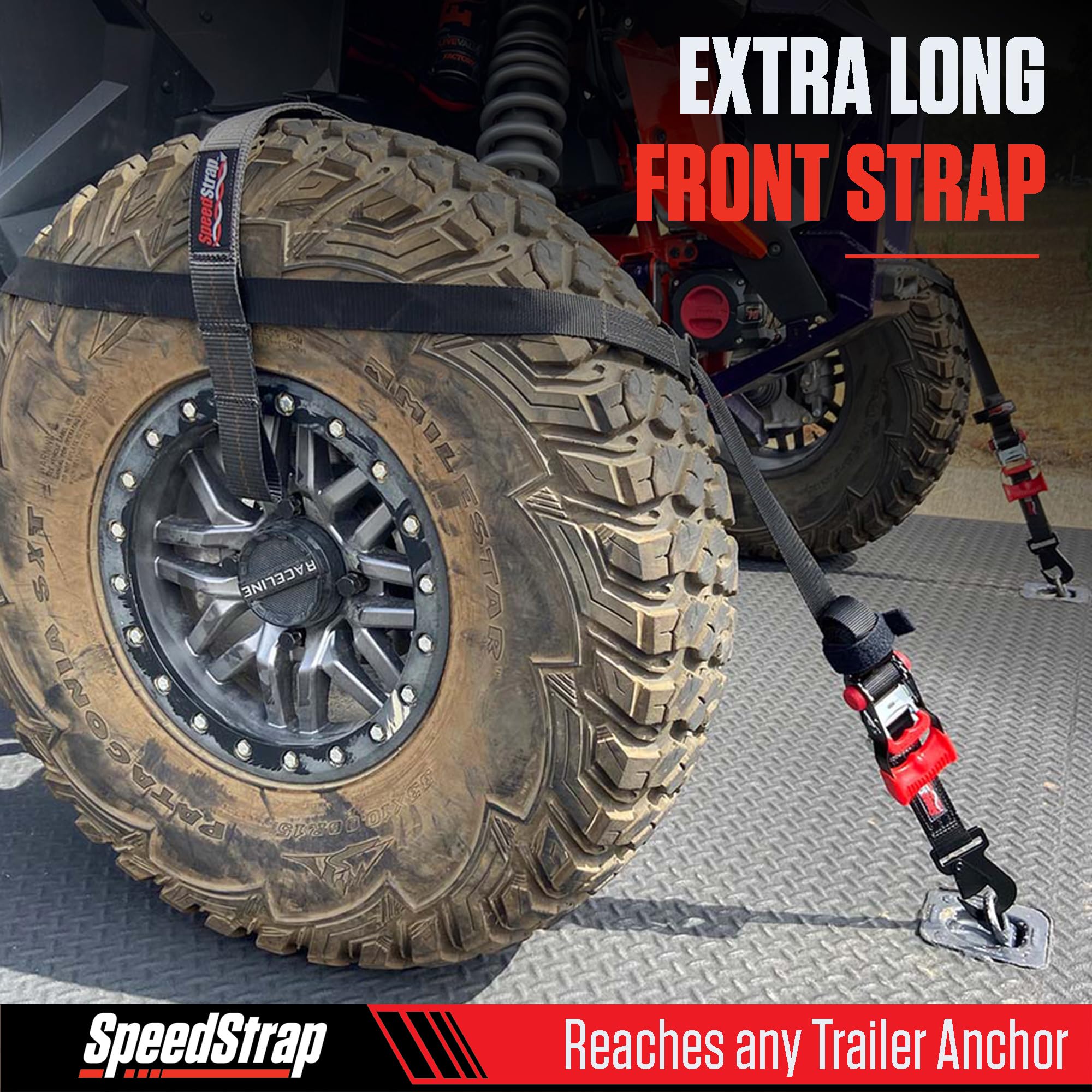 SpeedStrap securing UTV on trailer illustrating safer transport benefit