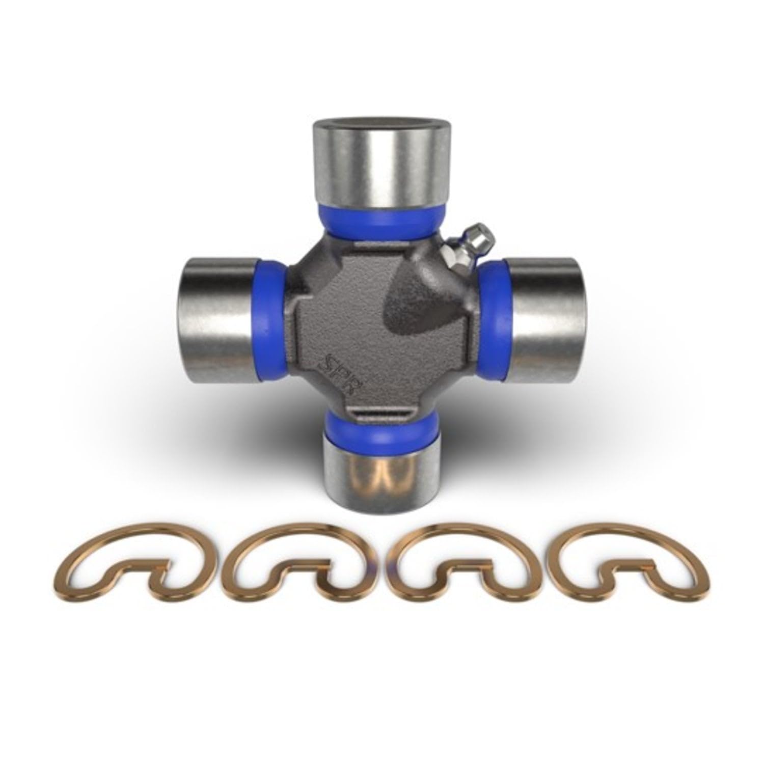 Spicer u-joint front view showing OSR snap rings and ready-to-install benefit