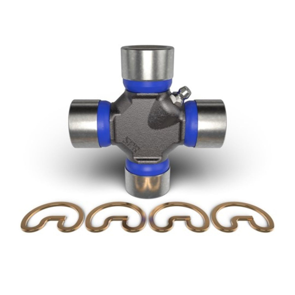 Spicer u-joint front view showing OSR snap rings and ready-to-install benefit