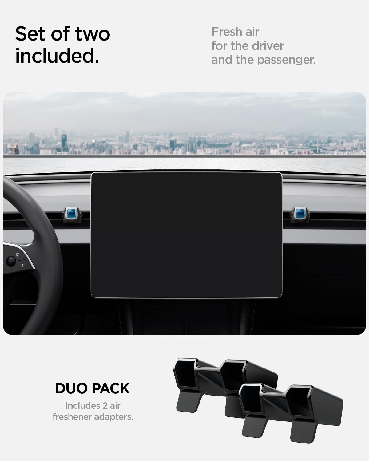 Spigen adapter in Tesla interior lifestyle shot showing seamless dashboard integration
