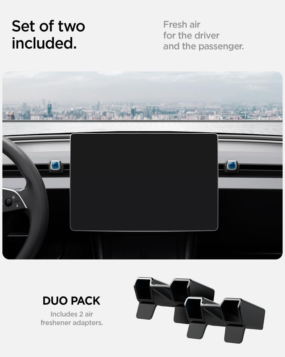 Spigen adapter in Tesla interior lifestyle shot showing seamless dashboard integration