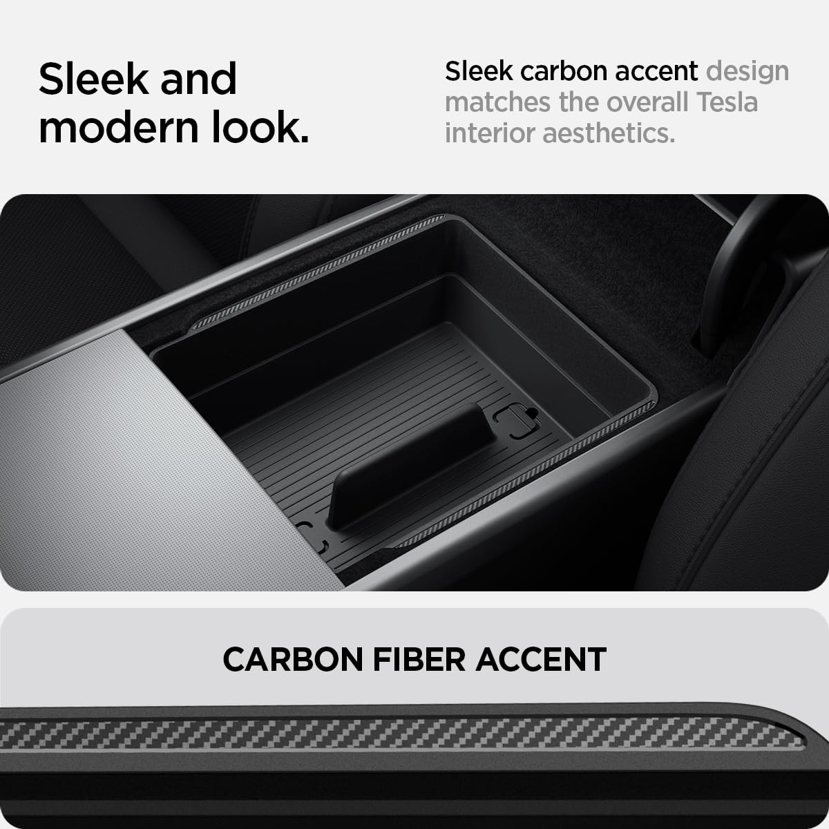 Spigen organizer installed in Model 3 Highland keeping chargers and keys organized