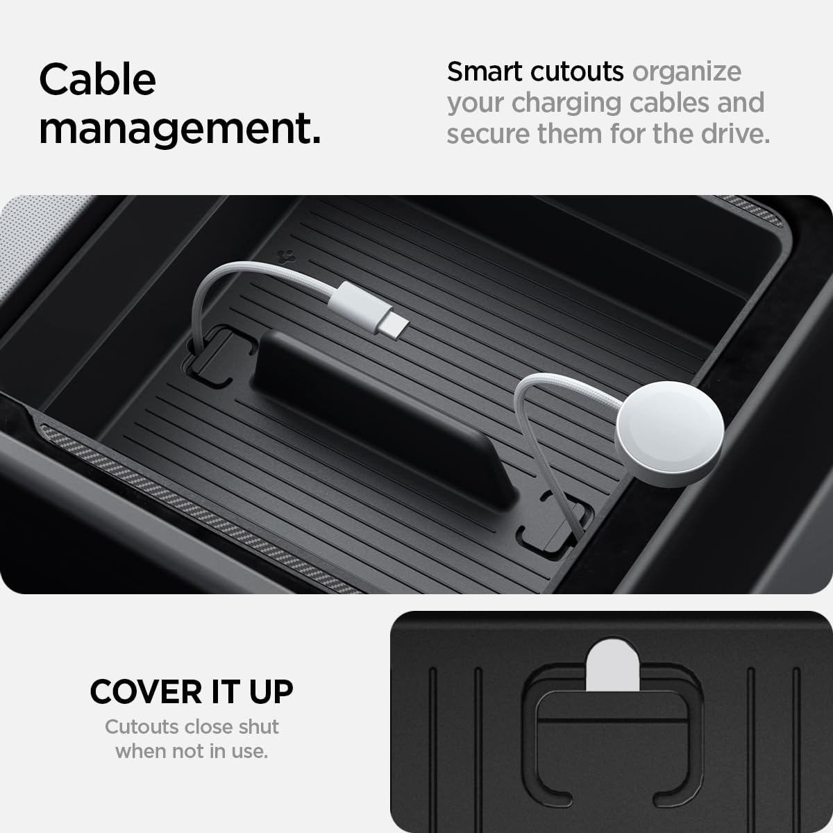 Spigen organizer installed in Model Y Juniper showing a clean, factory look
