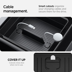Spigen organizer installed in Model Y Juniper showing a clean, factory look