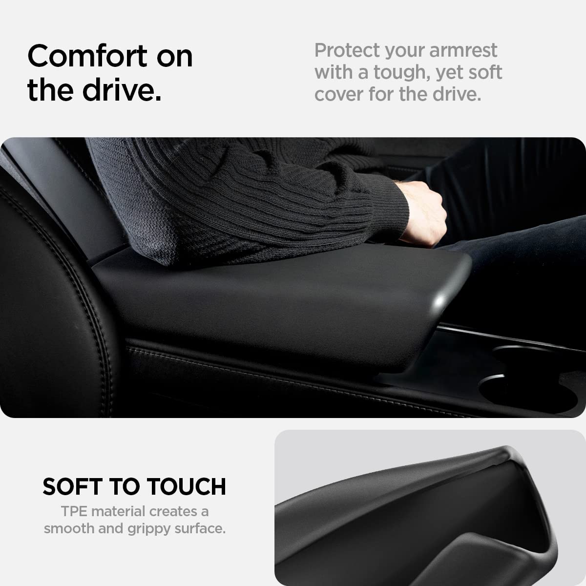 Spigen armrest with hand for scale showing ergonomic preservation