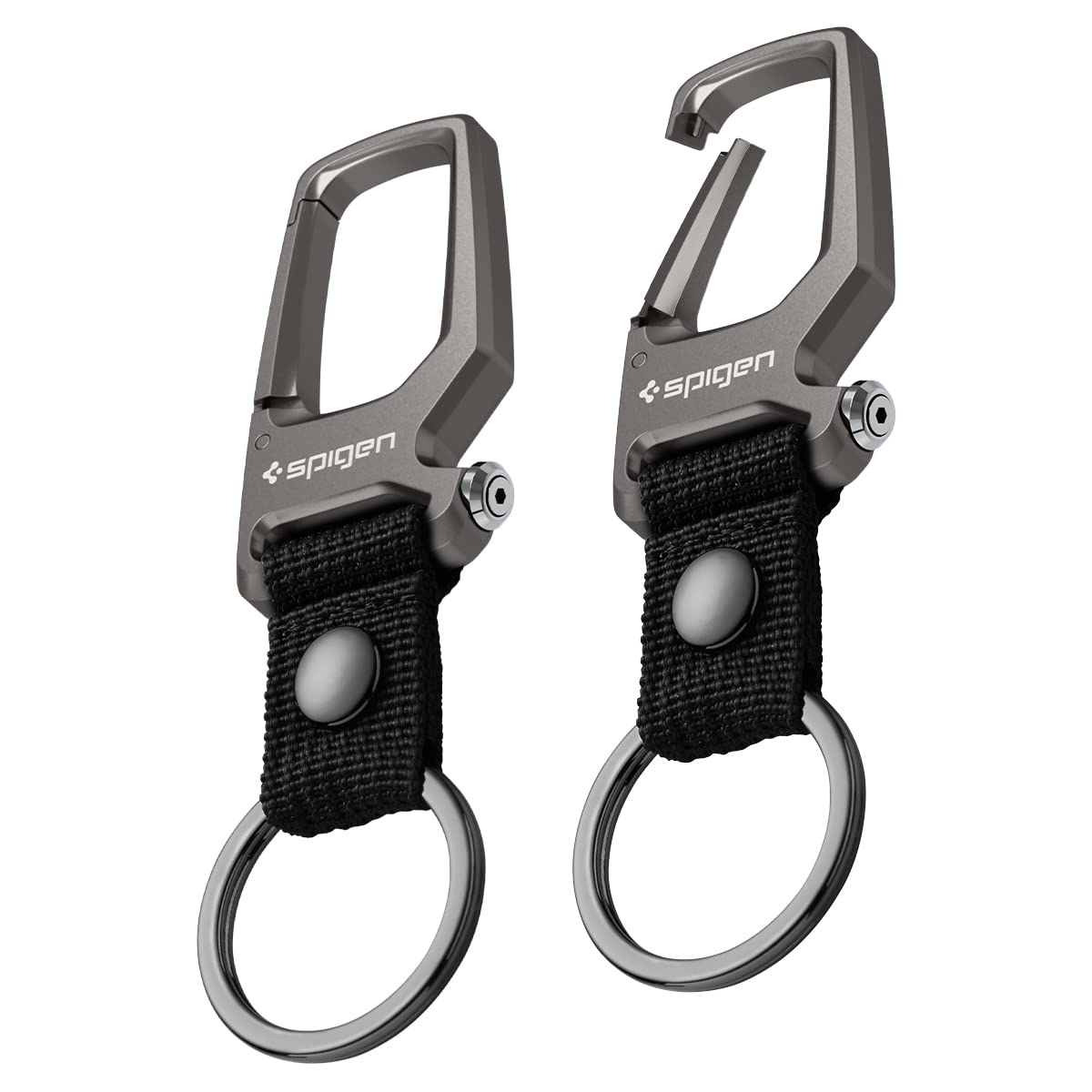 Spigen carabiner front view showing sleek design and compact carry benefit