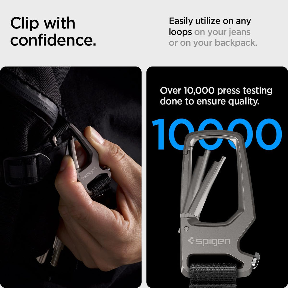 Spigen carabiner in pocket illustrating low profile and comfort benefit