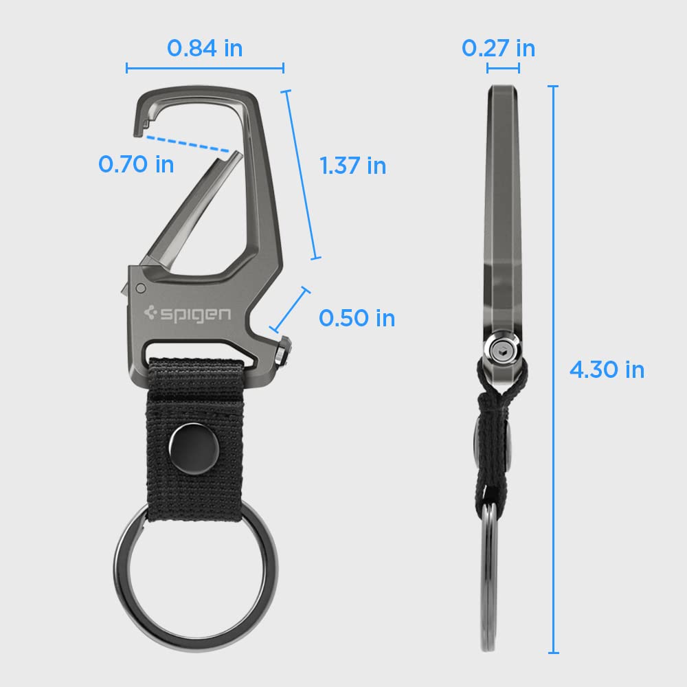 Spigen carabiner side profile closeup highlighting durable metal construction