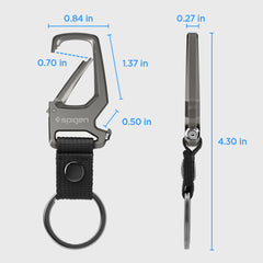 Spigen carabiner side profile closeup highlighting durable metal construction