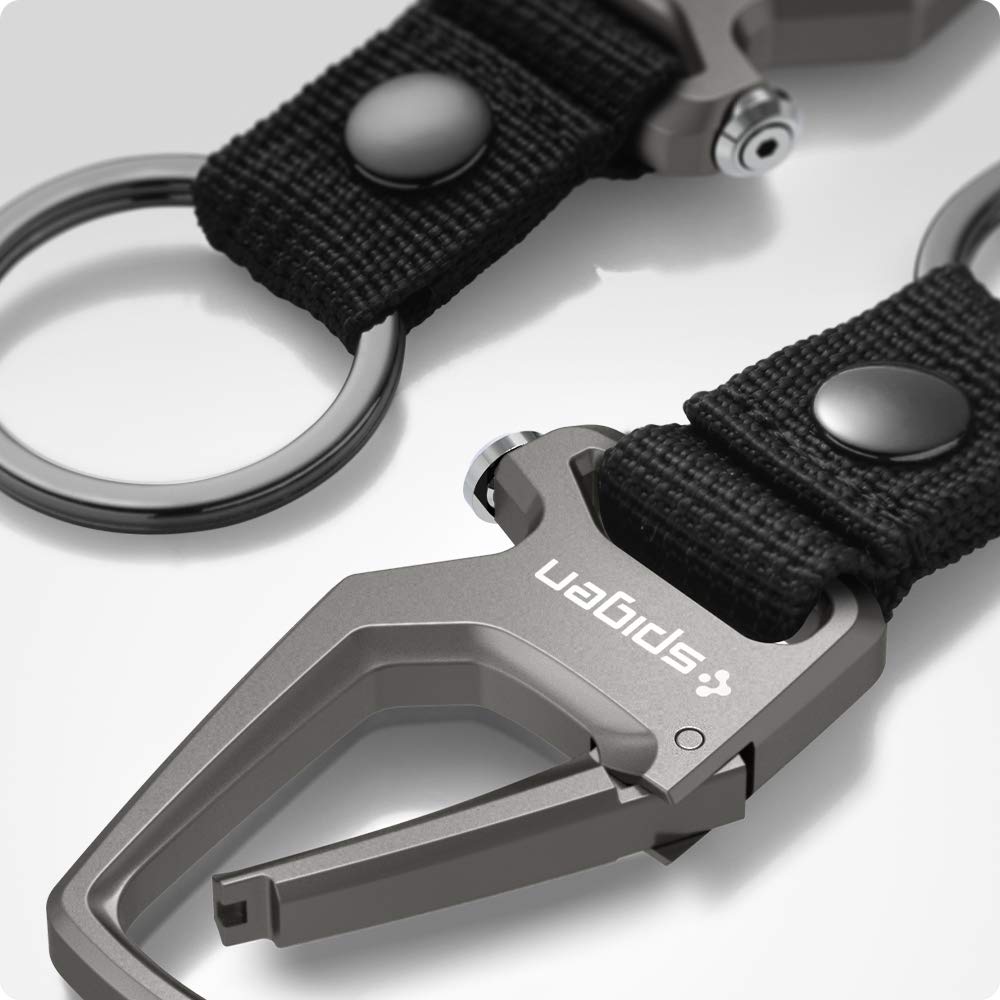 Spigen carabiner stainless steel hinge macro showing corrosion resistance benefit