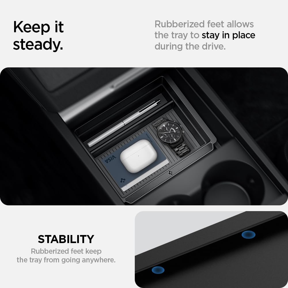 Spigen organizer installed in Tesla console showing factory-fit aesthetic benefit