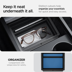 Spigen organizer slid open showing easy access to lower console for quick reach