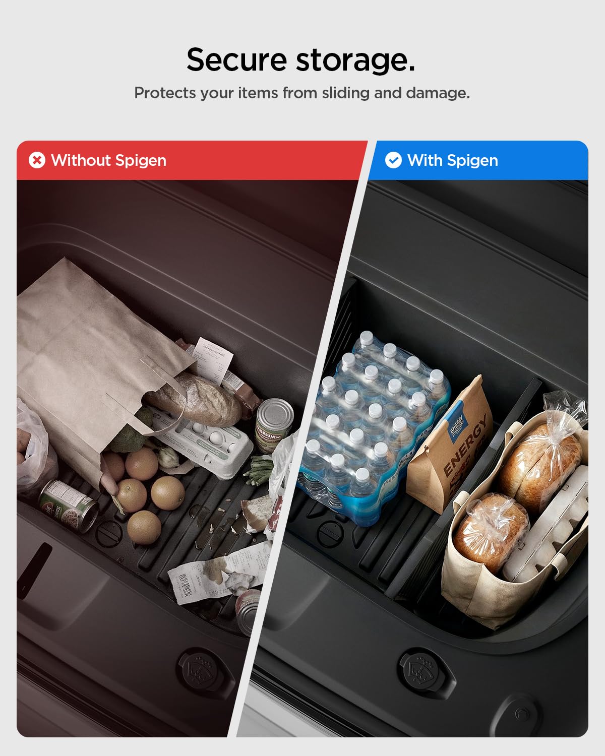 Spigen divider holding groceries separately for quick access and damage prevention