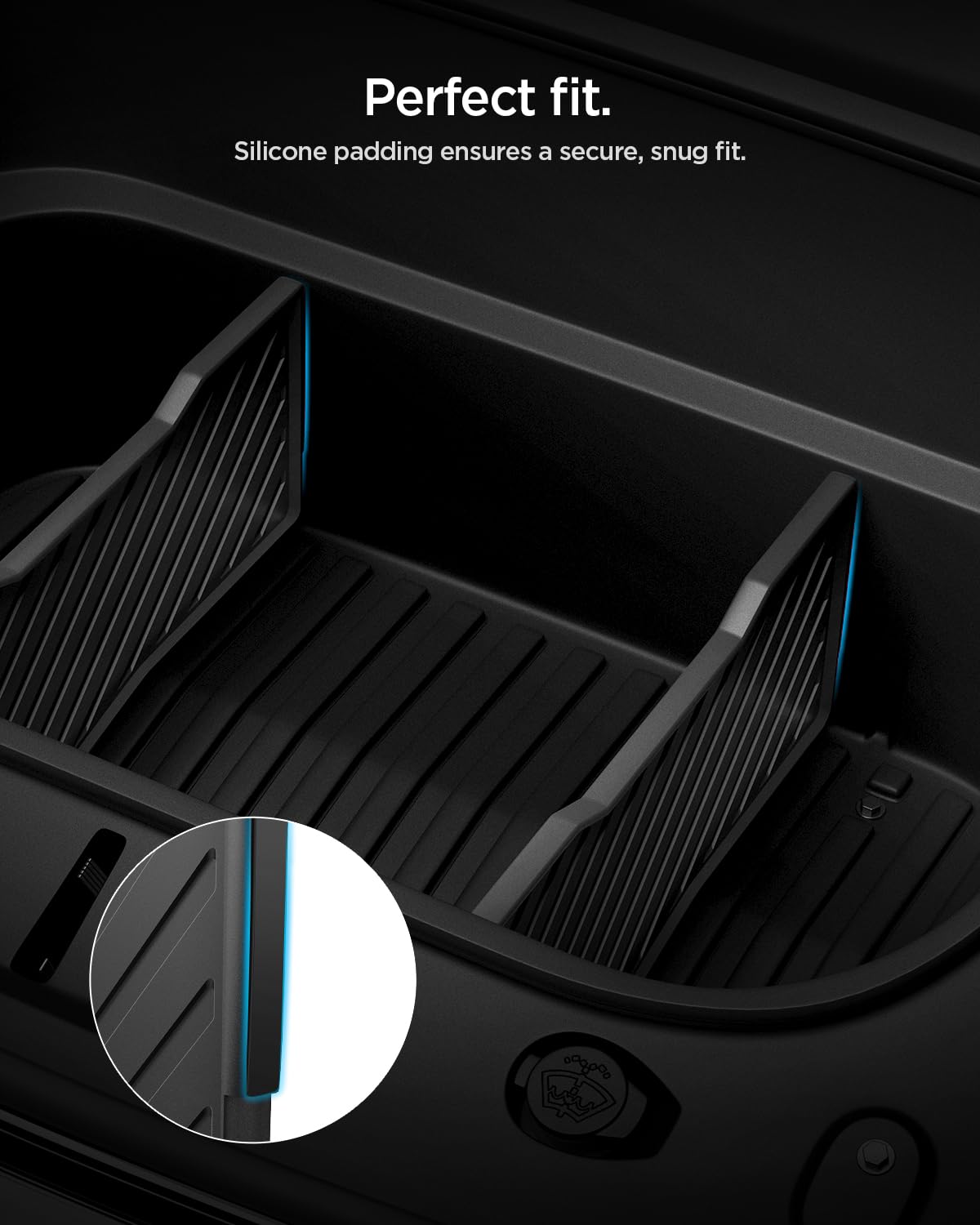 Spigen divider organizing electronics and cords for secure transport and easy retrieval