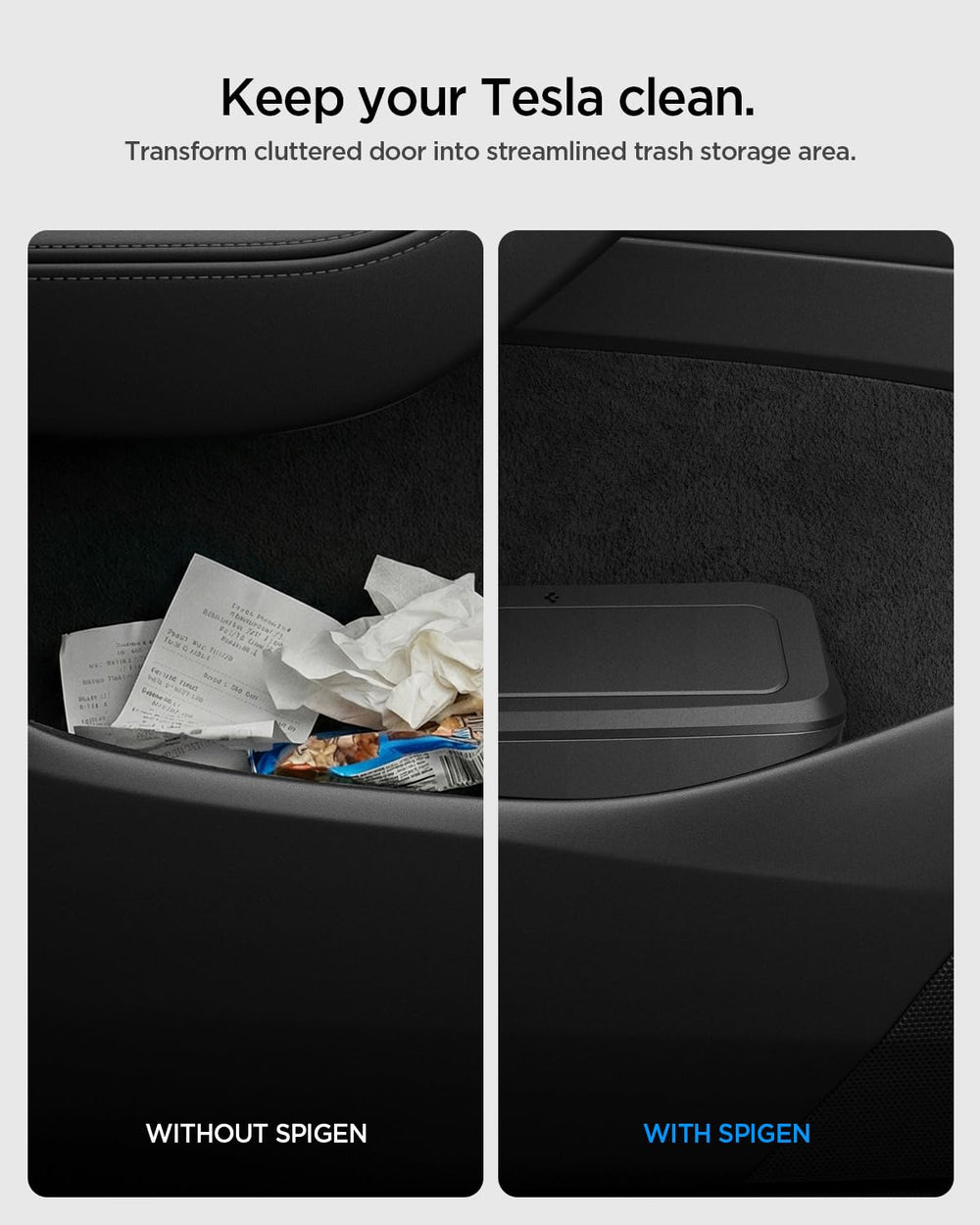 Spigen lifestyle shot in Tesla cabin showing clean organization and improved interior