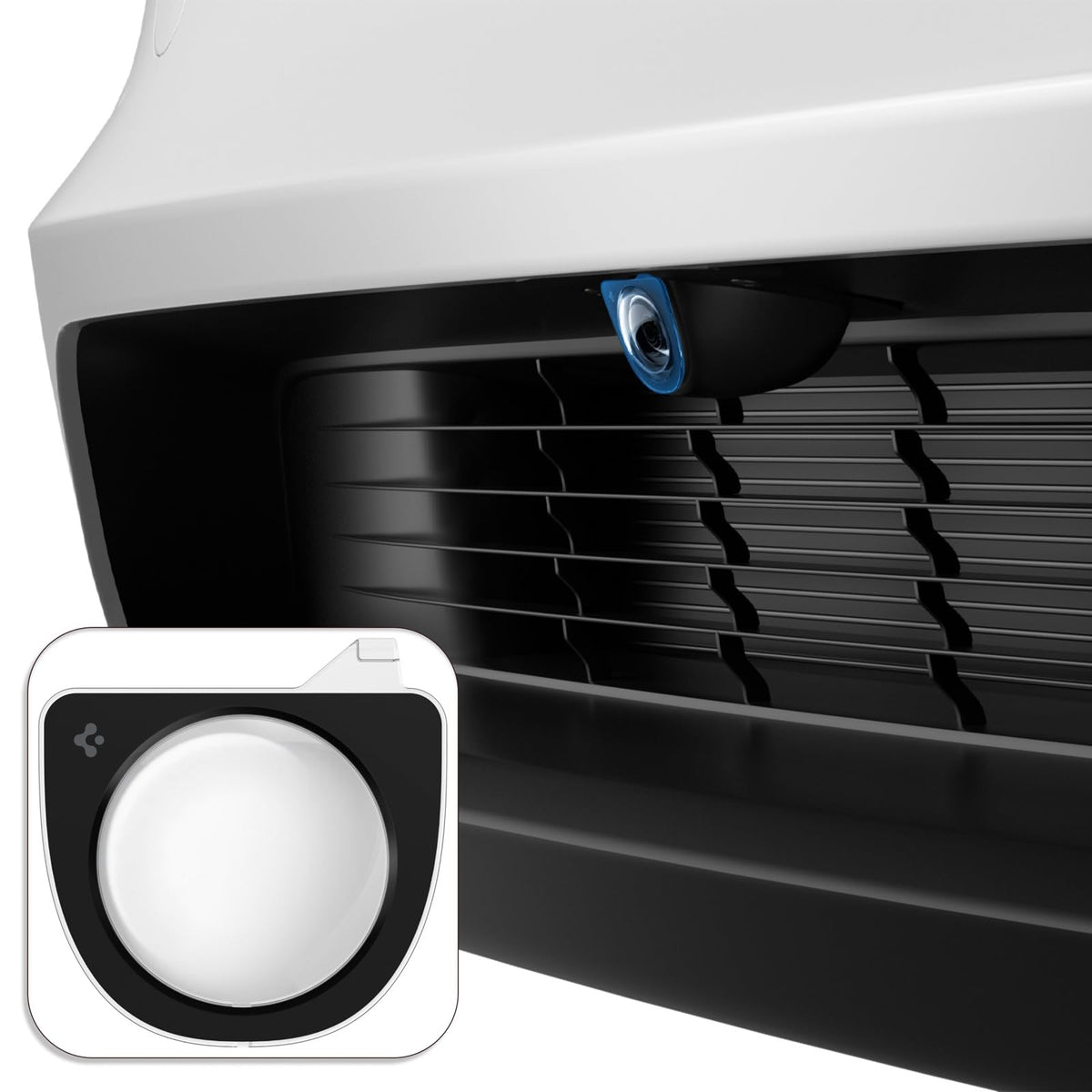 Spigen protector front view showing full camera coverage and lens protection benefit