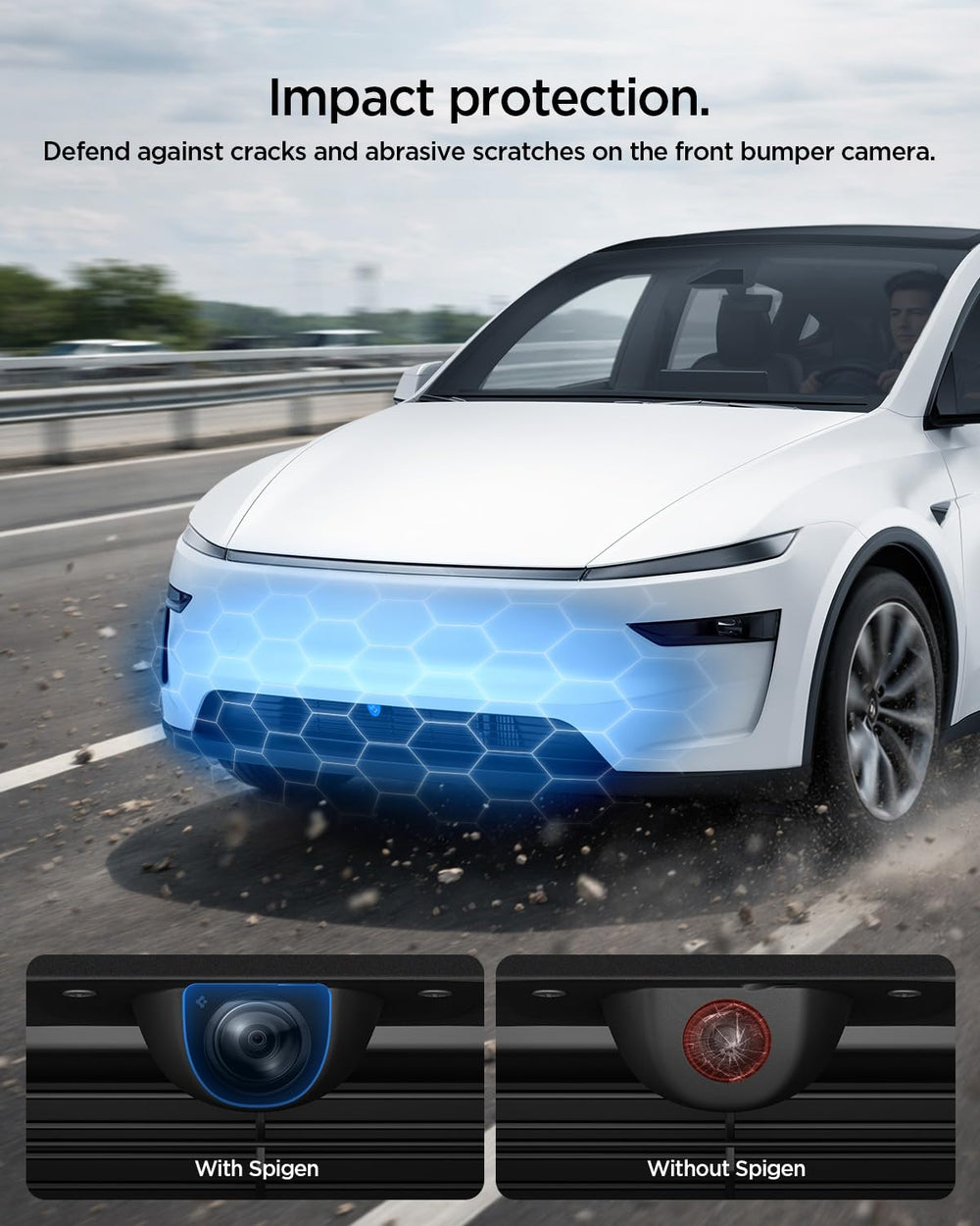 Spigen protector mounted on Tesla Model Y bumper showing secure fit and protection