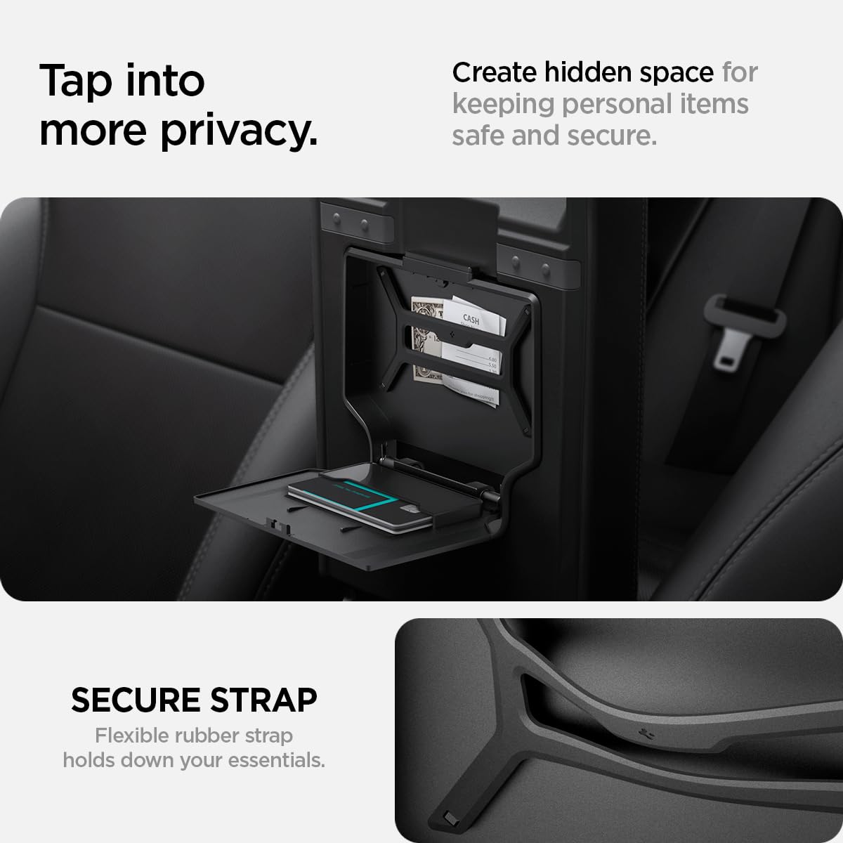 Spigen installed under armrest in Tesla demonstrating tidy organization benefit