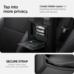 Spigen installed under armrest in Tesla demonstrating tidy organization benefit