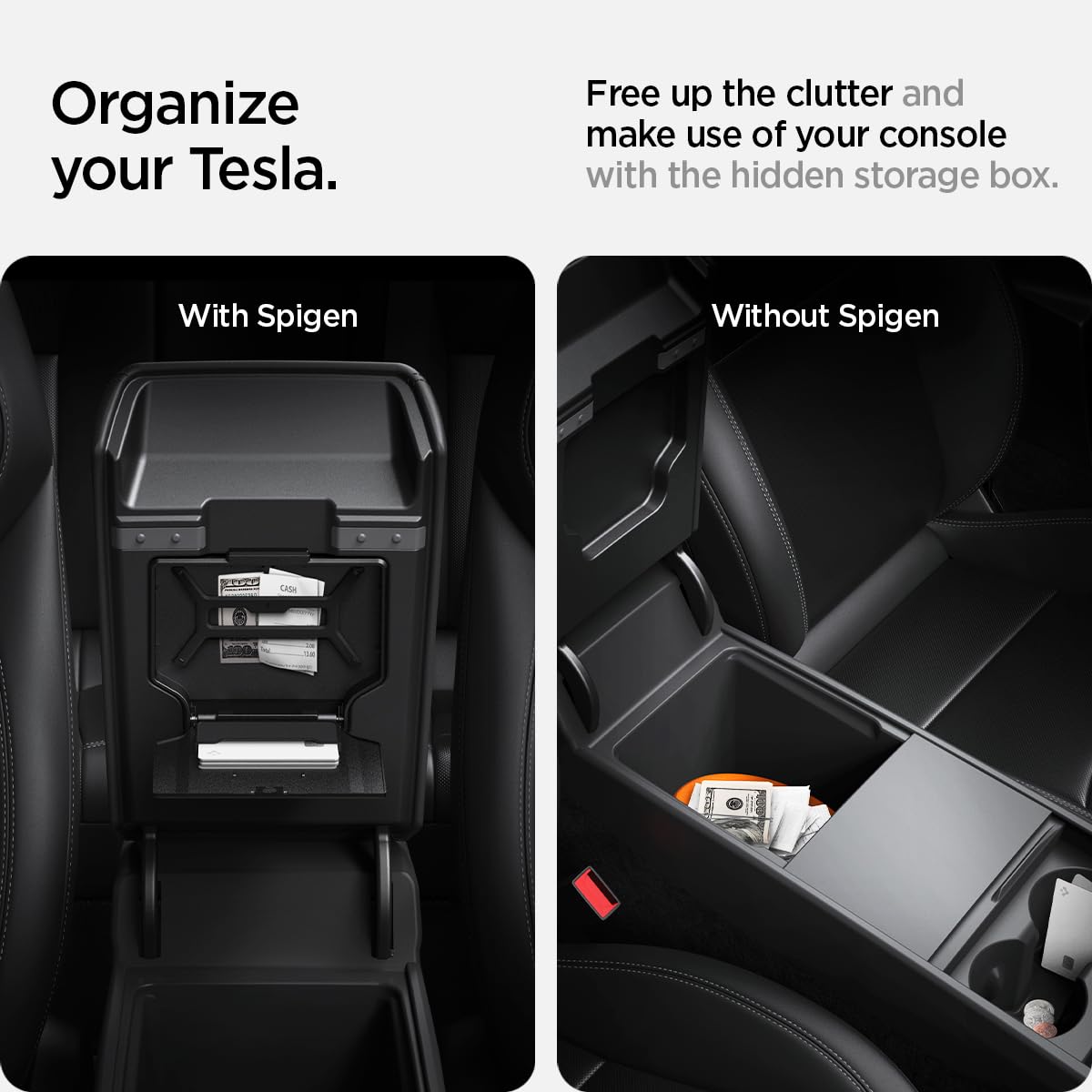 Spigen open compartment revealing storage space and quick-access benefit