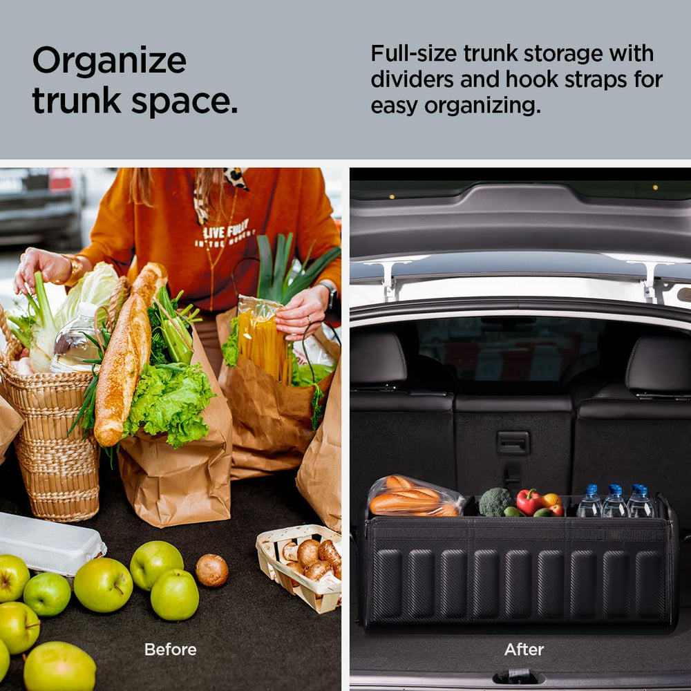 Spigen organizer installed in SUV trunk showing tidy, protected cargo