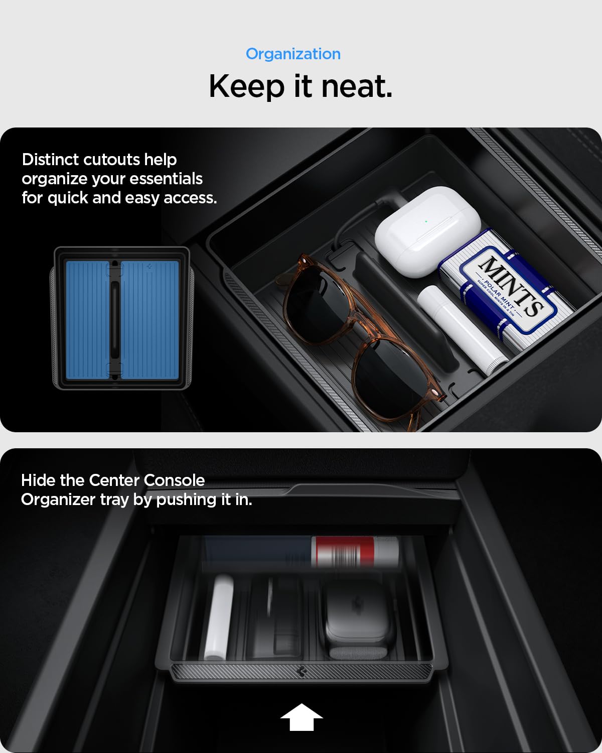 Spigen organizers installed in Tesla console showing factory-like fit