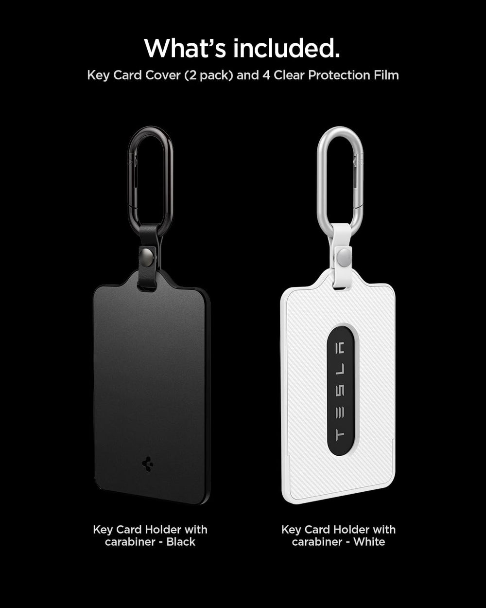 Spigen packaging with two holders, two carabiners, and protective films