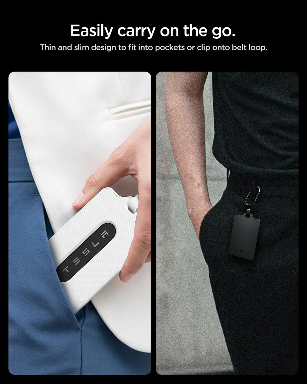 Spigen beside credit card showing compact scale and pocket-friendly size