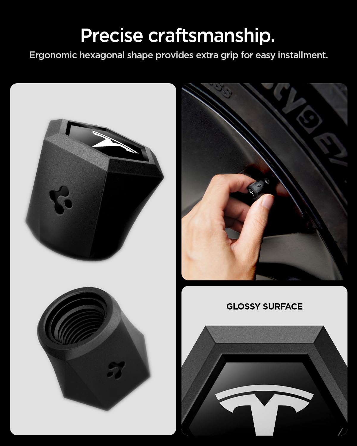 Spigen caps installed on a Tesla wheel showing matched aesthetic