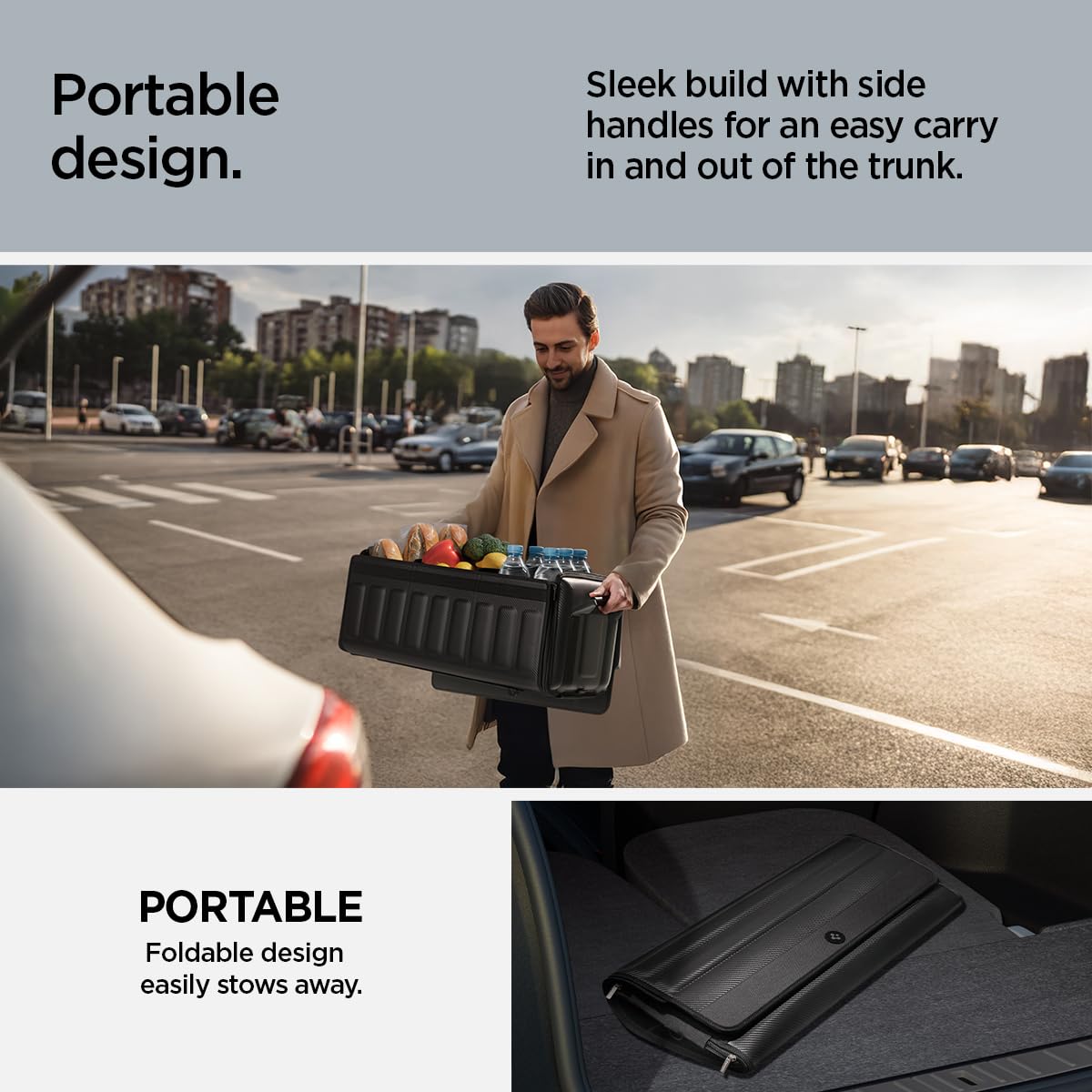 Spigen trunk organizer filled with groceries demonstrating secure transport
