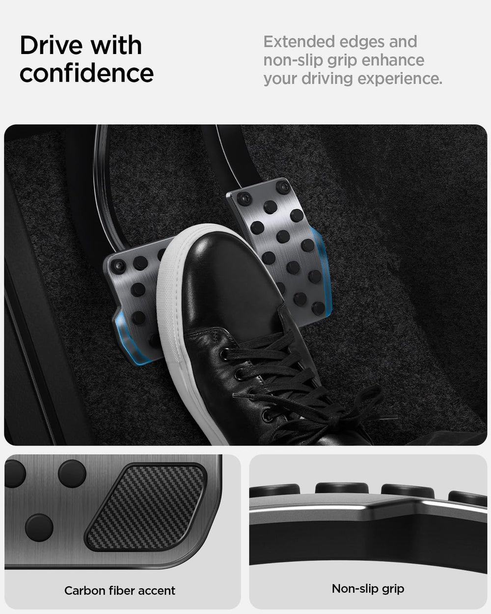 Spigen pedal cover installed in Tesla showing scale and interior integration