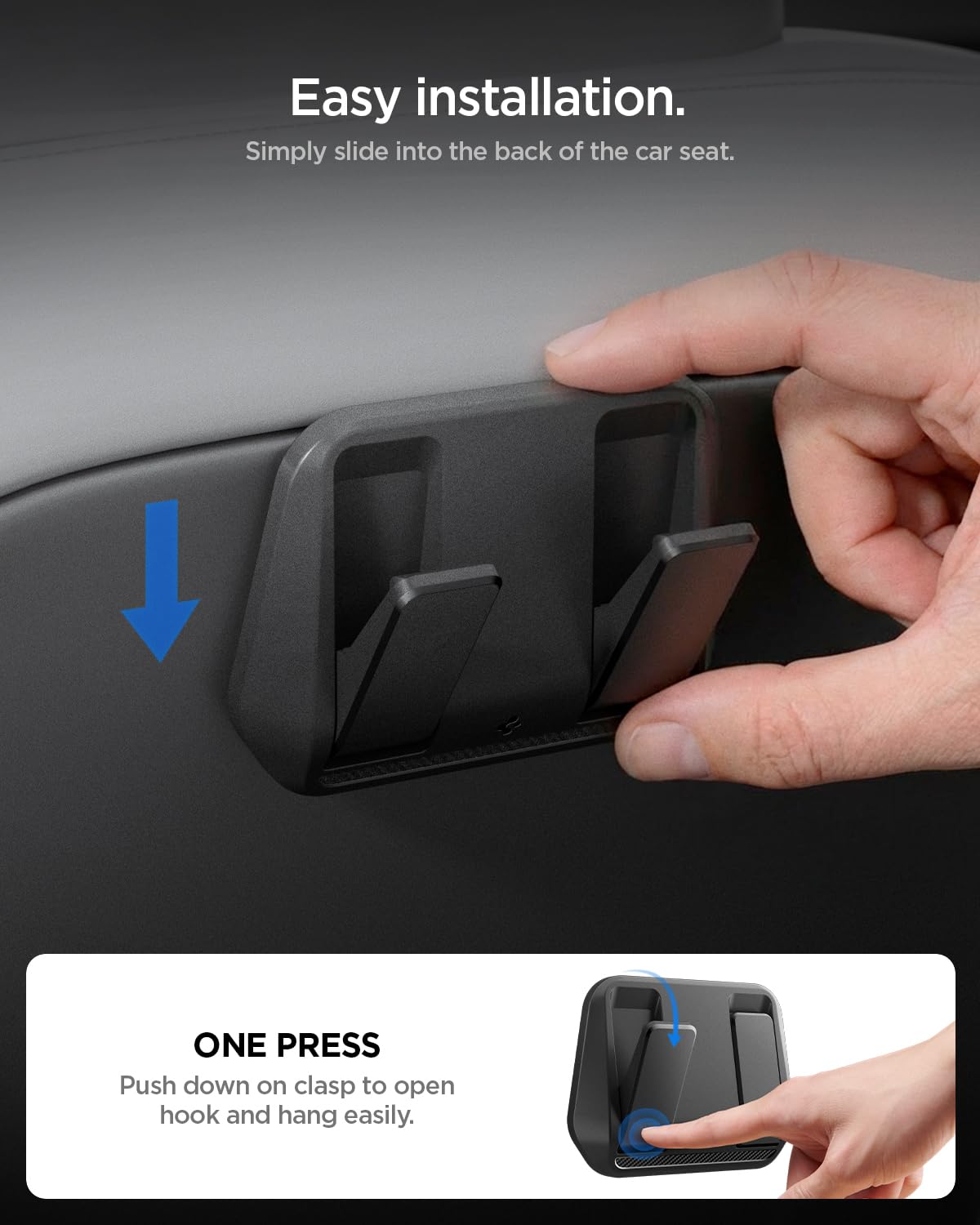 Spigen hook supporting a grocery bag to show load stability and hands-free storage
