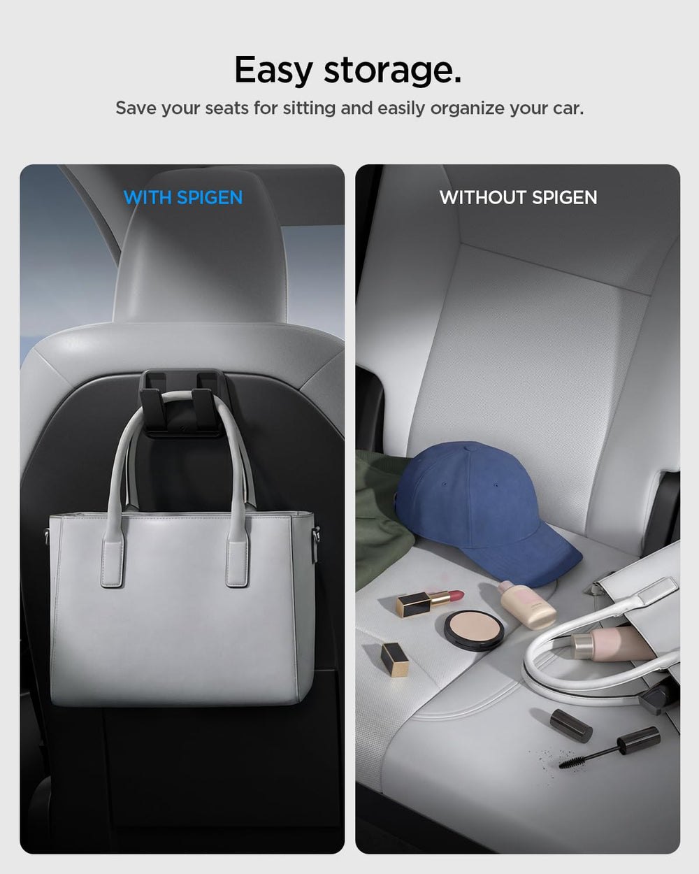 Spigen hook mounted on Model 3 Highland premium seat securing bags off the floor