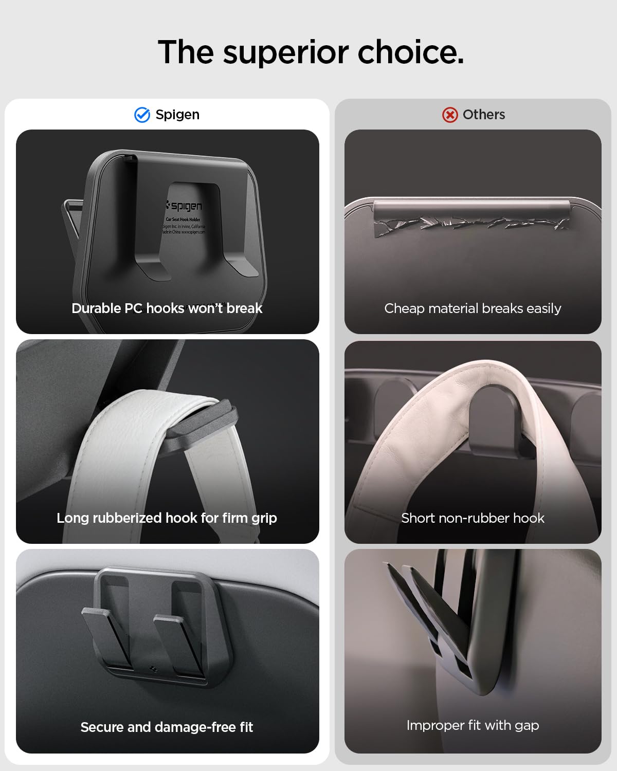 Spigen hook installed behind Tesla Model Y Juniper premium seat keeping cabin tidy