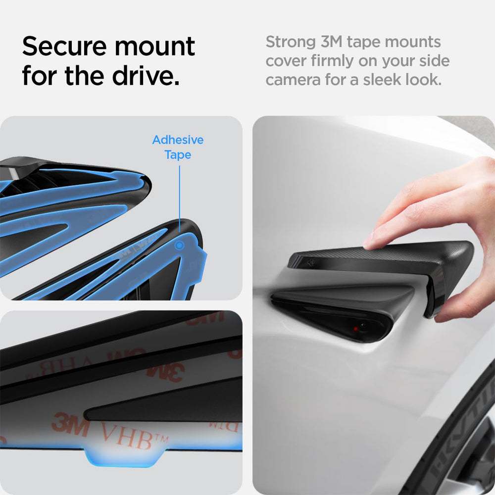Spigen mounted on driving Tesla illustrating protected cameras and clean look