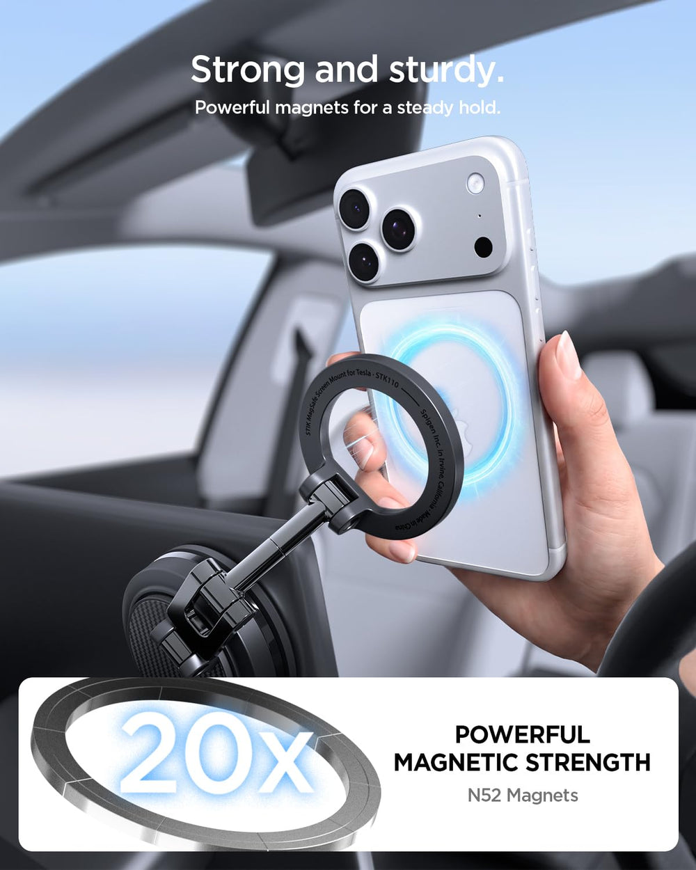 Spigen STIK in-car lifestyle shot showing hands-free driving convenience