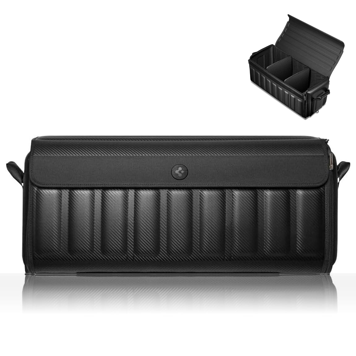 Spigen trunk organizer front view showing organized storage and durable finish