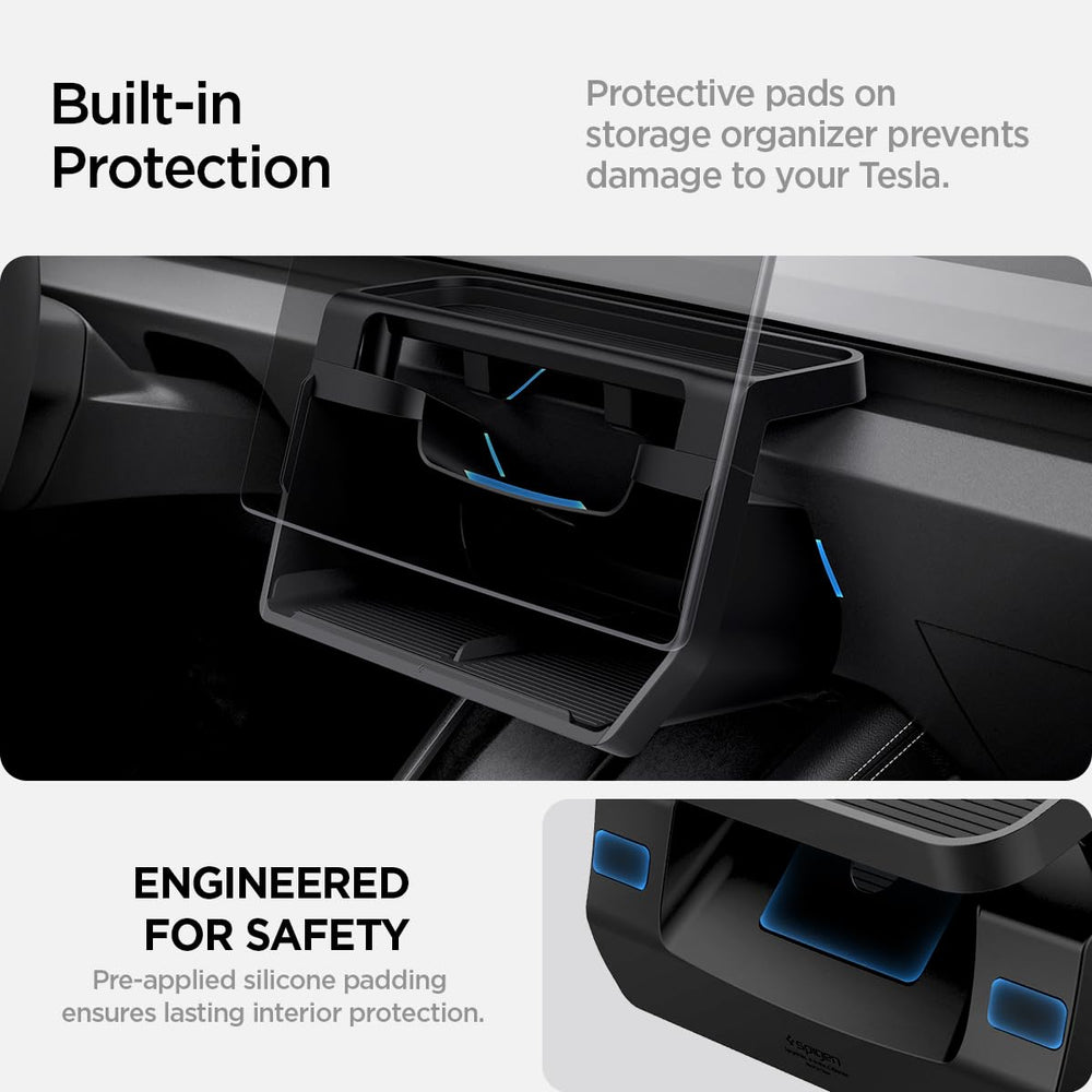 Spigen under-screen organizer in Tesla interior improving cabin organization and aesthetics
