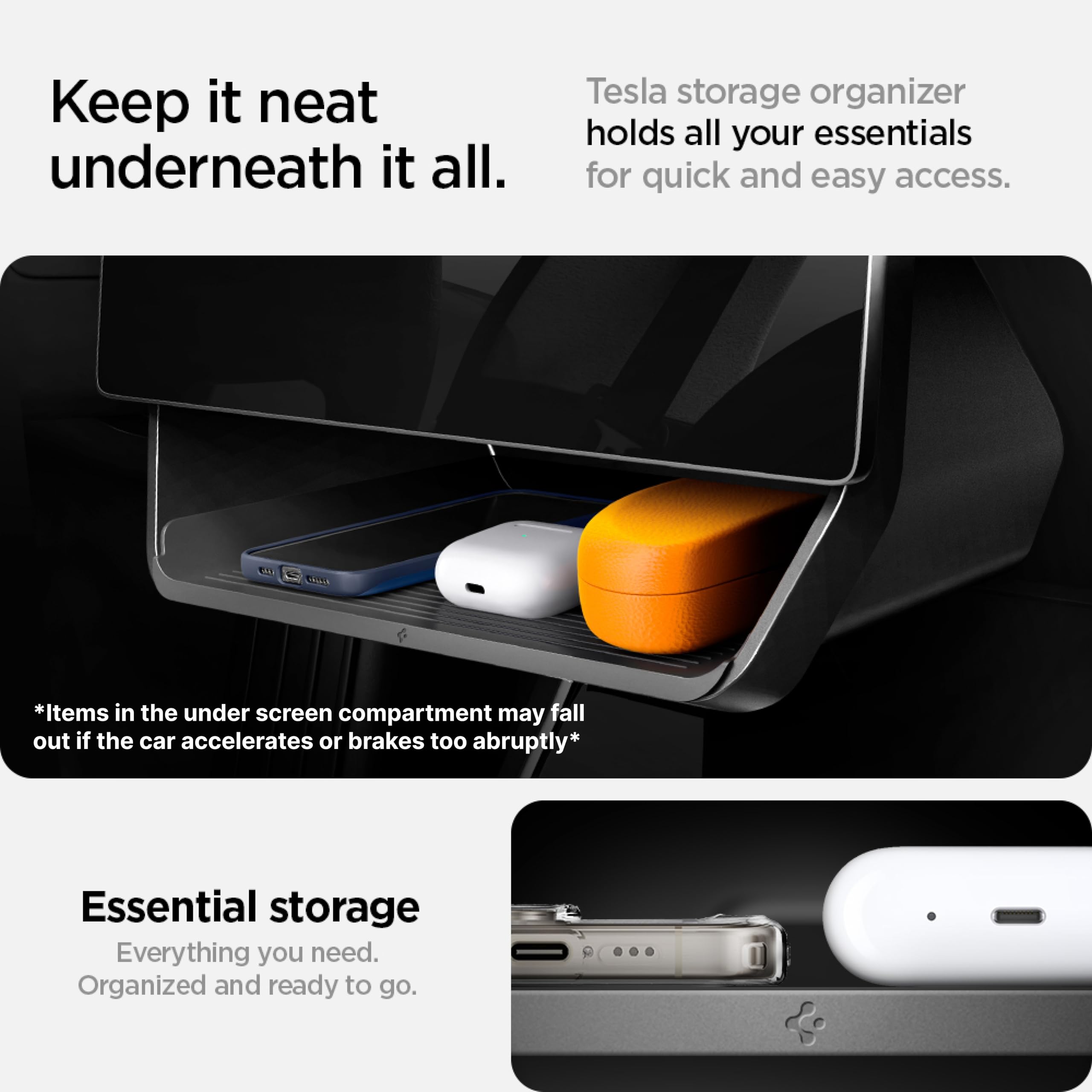 Spigen tray with sunglasses and wallet showing clutter-free cabin benefit
