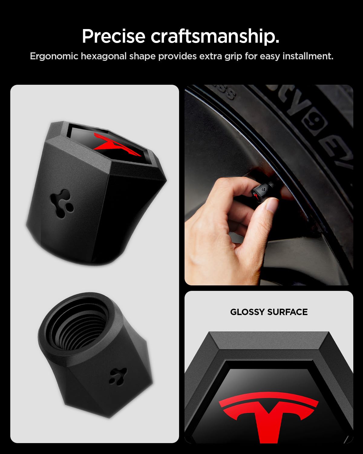 Spigen red caps mounted on Tesla rim matching finish and protecting valves