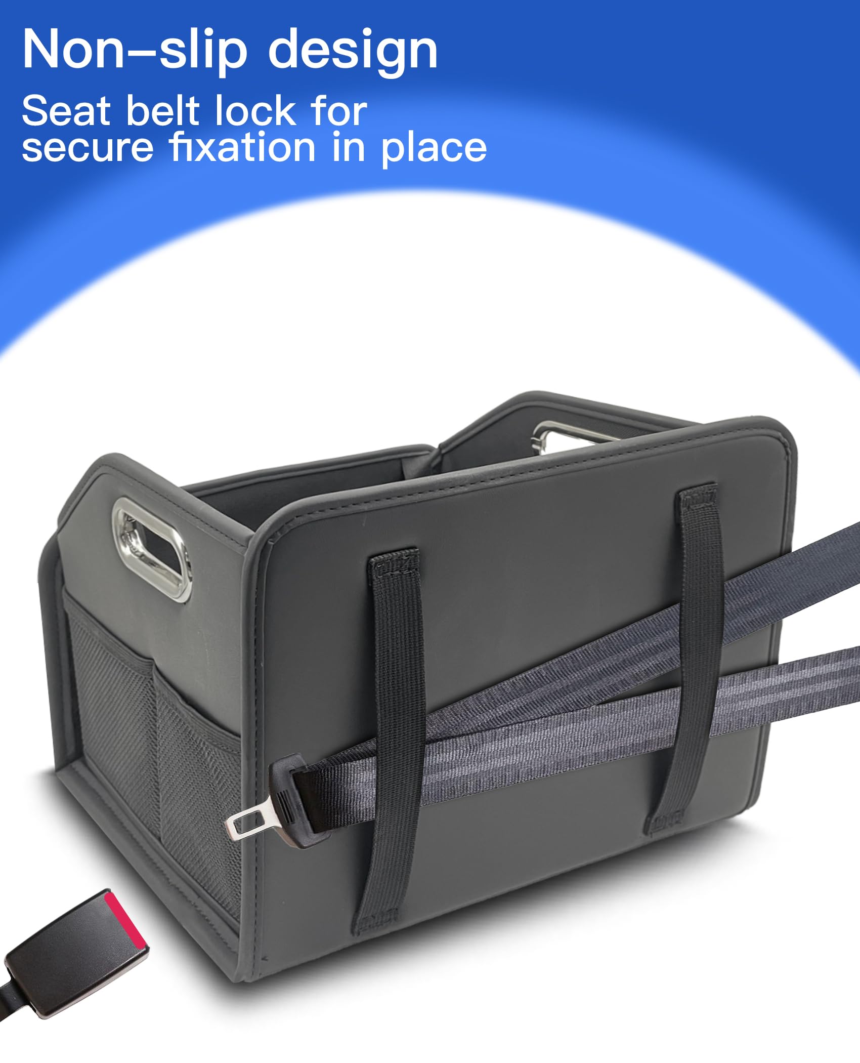 SportySizz adjustable strap and buckle detail securing caddy to seat for stability